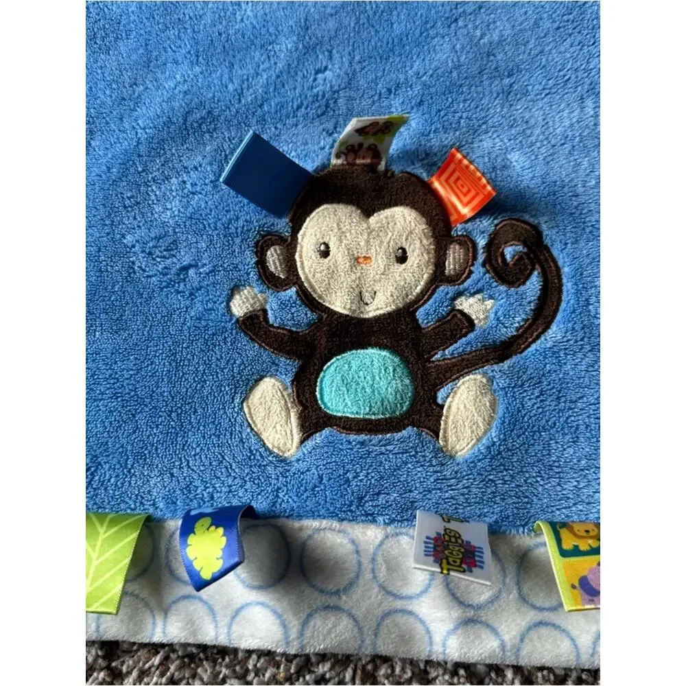 Taggies Blue Monkey Baby Blanket with Light Blue Dot Border